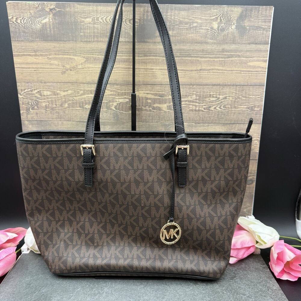 Michael Kors Jet Set Charm Large Brown Black Monogram Tote Bag Shoulder Purse